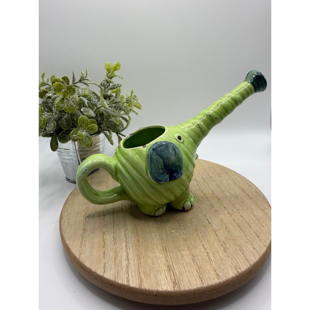Vintage Japan Lime Green Elephant Ceramic Watering Can Kitsch Anthropomorphic